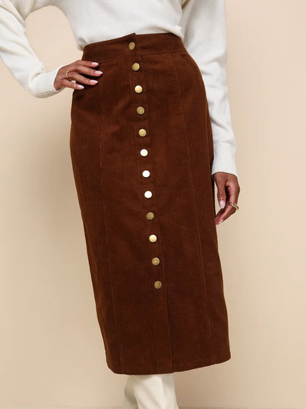 Seasonal Feelings Brown Corduroy Button-Front Midi Skirt